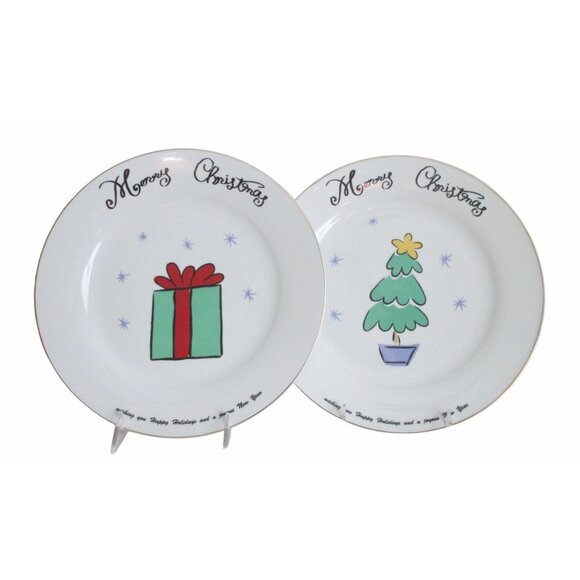 2 Merry Brite Merry Christmas Dinner Plates Gift & Tree Designs Holiday Dining - Picture 1 of 5
